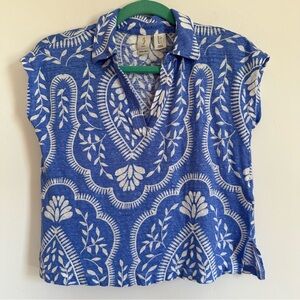 Joie Women’s 100% Linen Floral Cap Sleeve Collared V-Neck Blouse SZ S